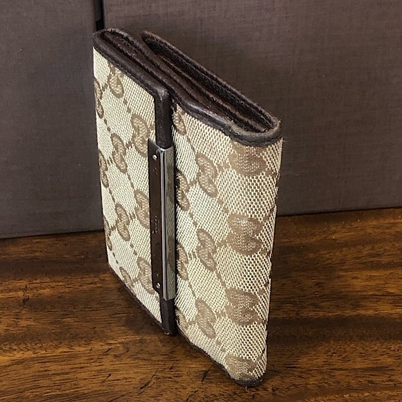 GUCCI GG Web Brown Leather and Tan Canvas Monogram Trifold Wallet Authentic - Picture 4 of 17